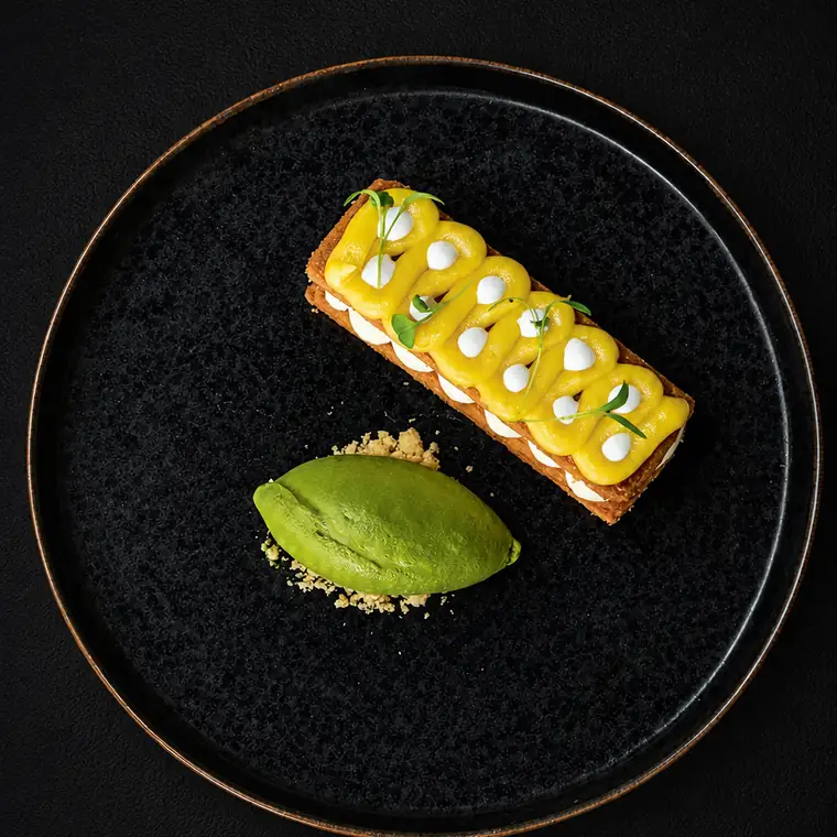 Lemon Tart — Lemon Cream, Almond Crumb, Meringue & Matcha Ice Cream. ENSO Japanese Fusion & Bar, Canggu, Bali.