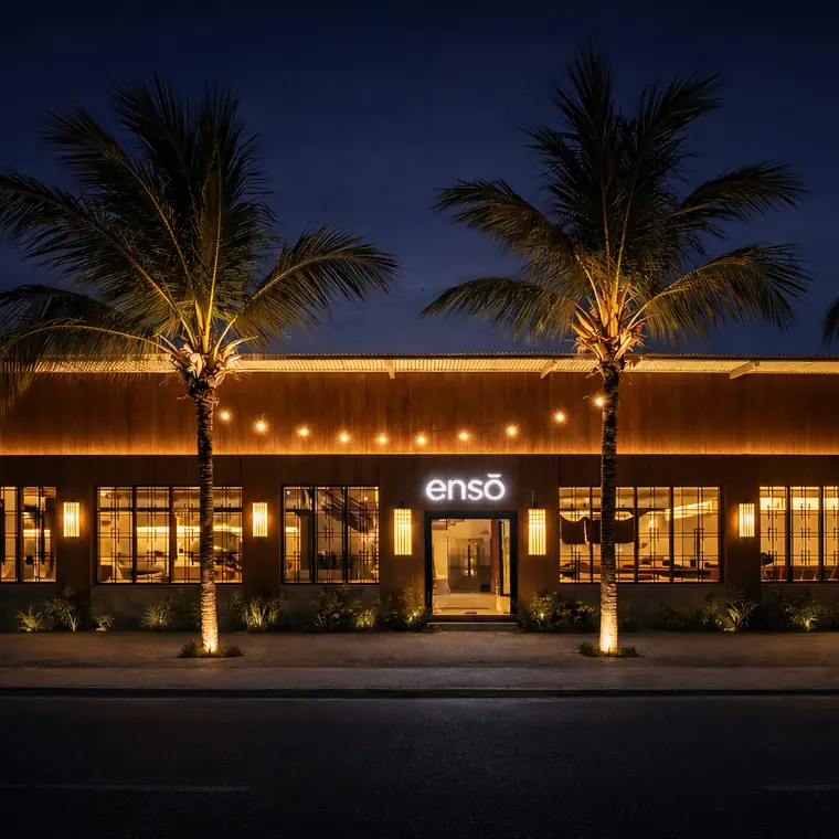 The facade at dusk, Jl. Tanah Barak — ENSO Japanese Fusion & Bar, Canggu, Bali